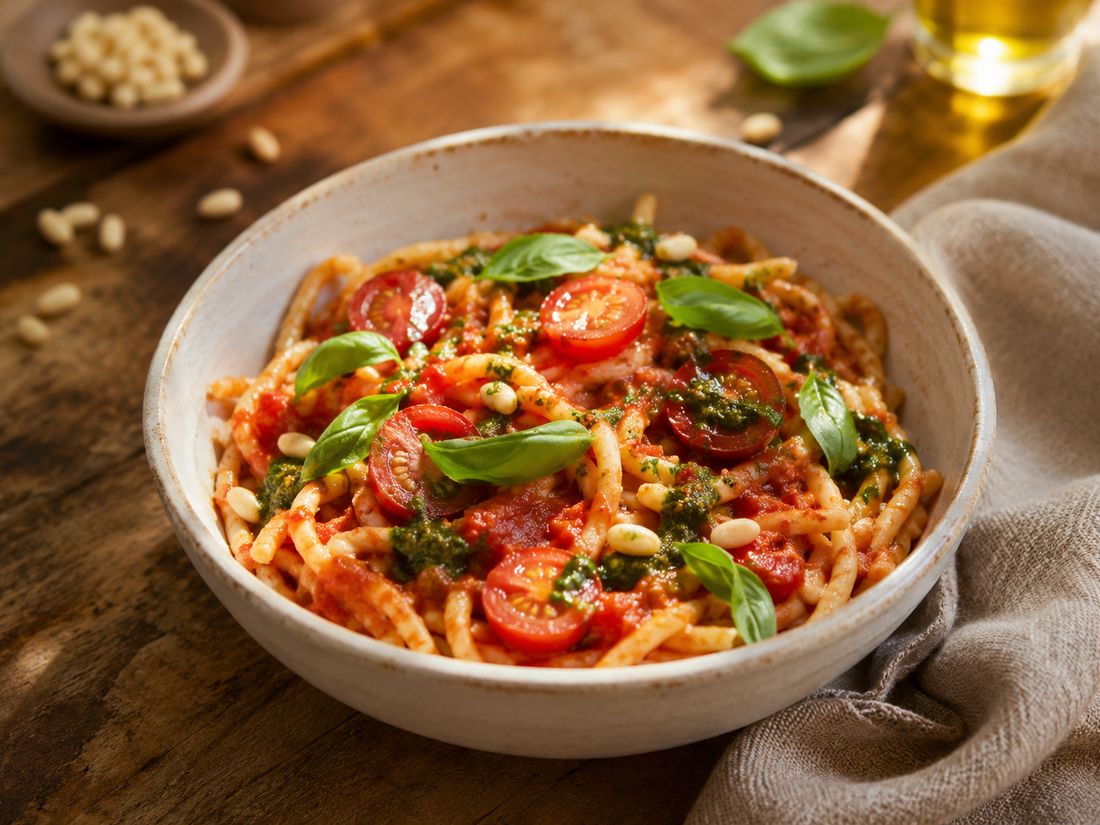 Dinkelpasta mit Tomatensauce, Pesto & gerösteten Kernen