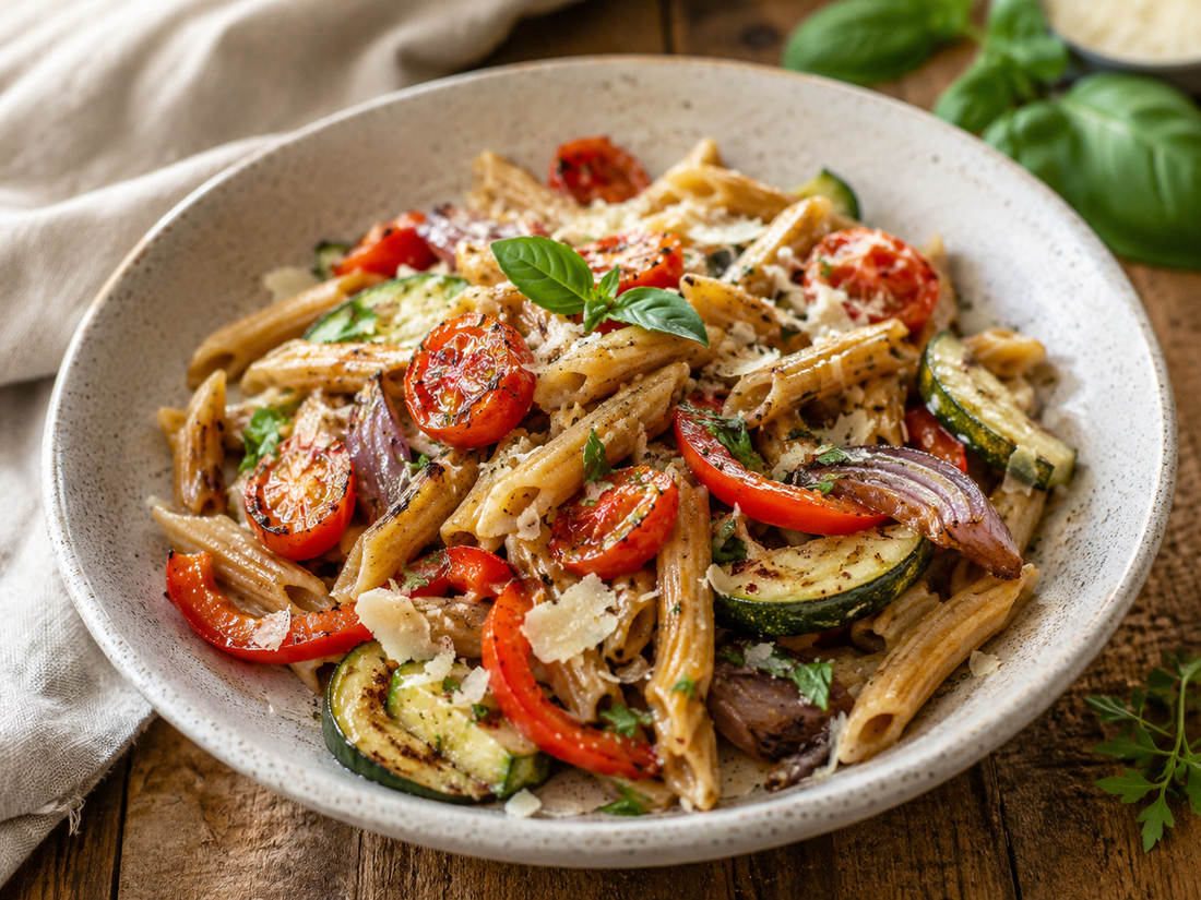 Urgetreide-Pasta mit Ofengemüse, Kräuteröl & Parmesan
