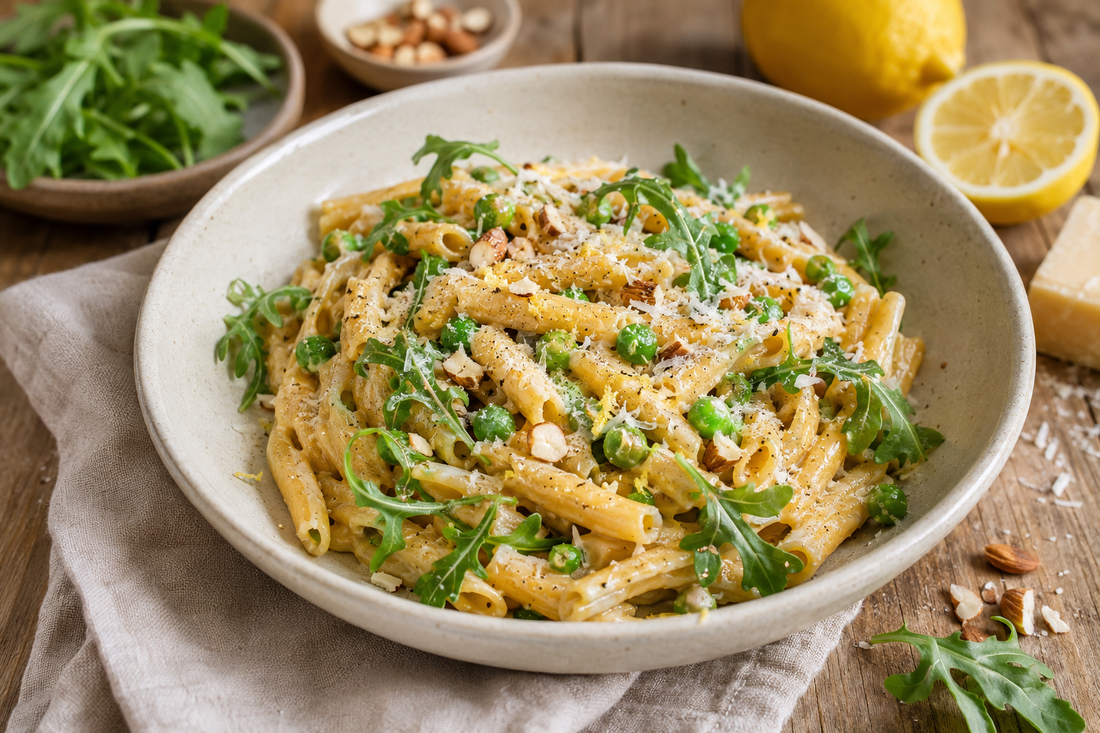 Kamut-Pasta mit Zitronen-Ricotta, Erbsen & Rucola