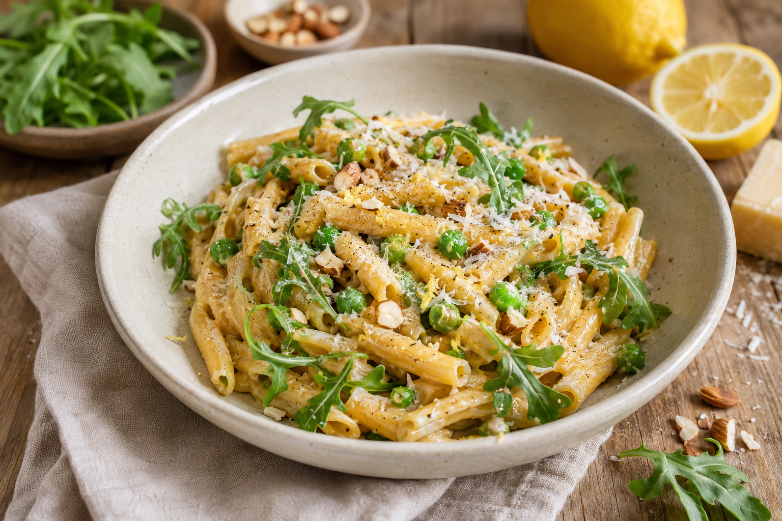 Kamut-Pasta mit Zitronen-Ricotta, Erbsen & Rucola