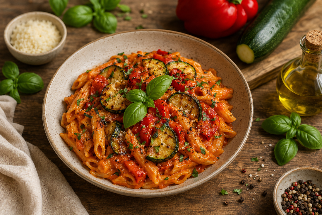 High-Protein-Pasta mit Tomaten-Paprika-Sauce & gebratener Zucchini