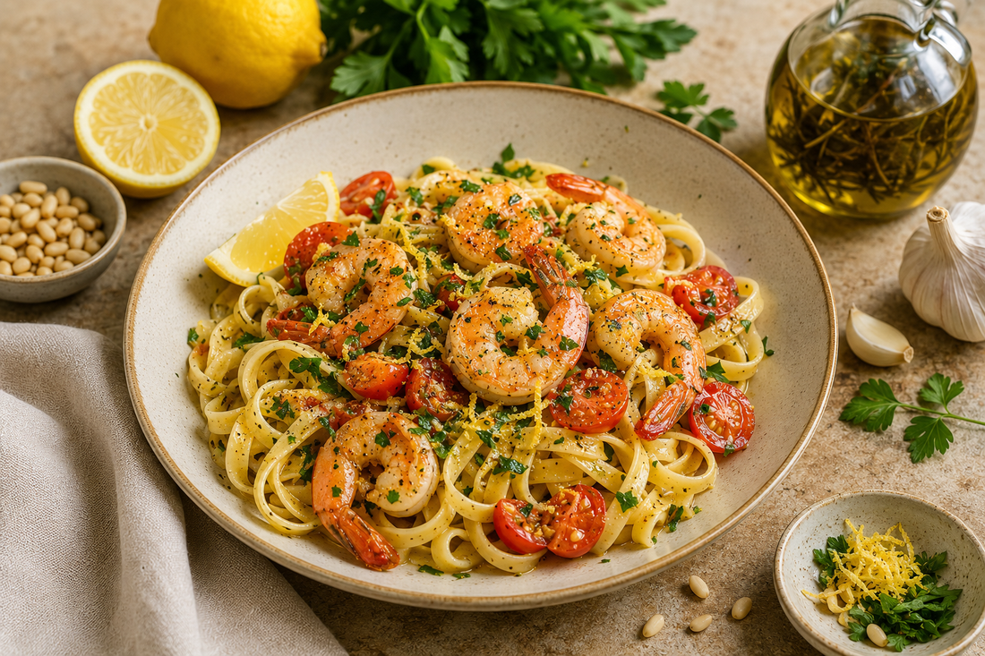 Tagliatelle mit Scampi, Knoblauch, Zitrone & Kräuteröl