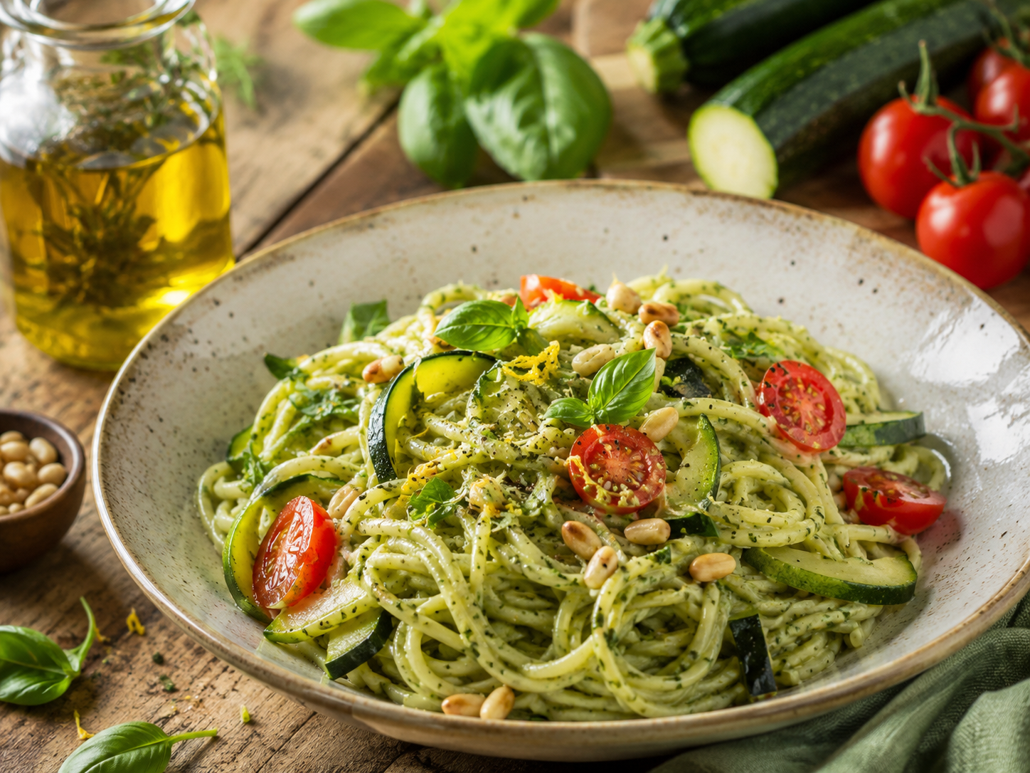 Low-Carb-Pasta mit cremiger Pesto-Zucchini-Sauce