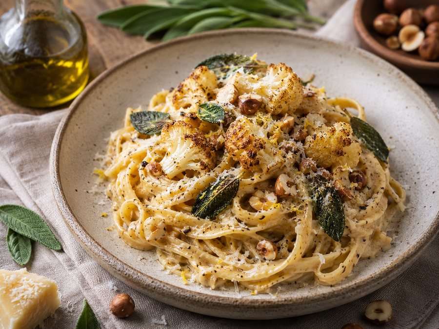 Tagliatelle mit Trüffel-Creme, geröstetem Blumenkohl & Haselnuss