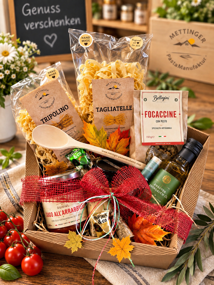 Großer Pasta Genusskorb der Mettinger Pastamanufaktur mit Dinkelpasta und Feinkost