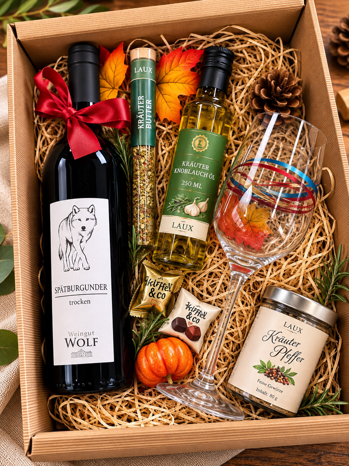Wein Geschenkset mit Spätburgunder, 250 ml Kräuter-Knoblauchöl, Gewürzen und Rotweinglas